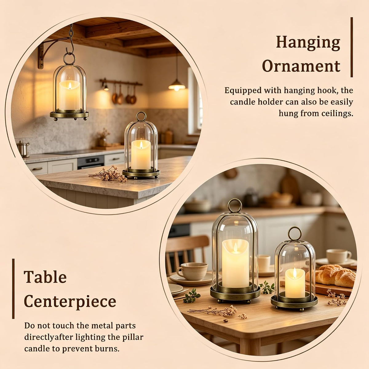 Glass Hurricane Candle Holder Decorative Gold Candle Lantern | Pillar Candlestick Holders Set of 2, Hanging Metal