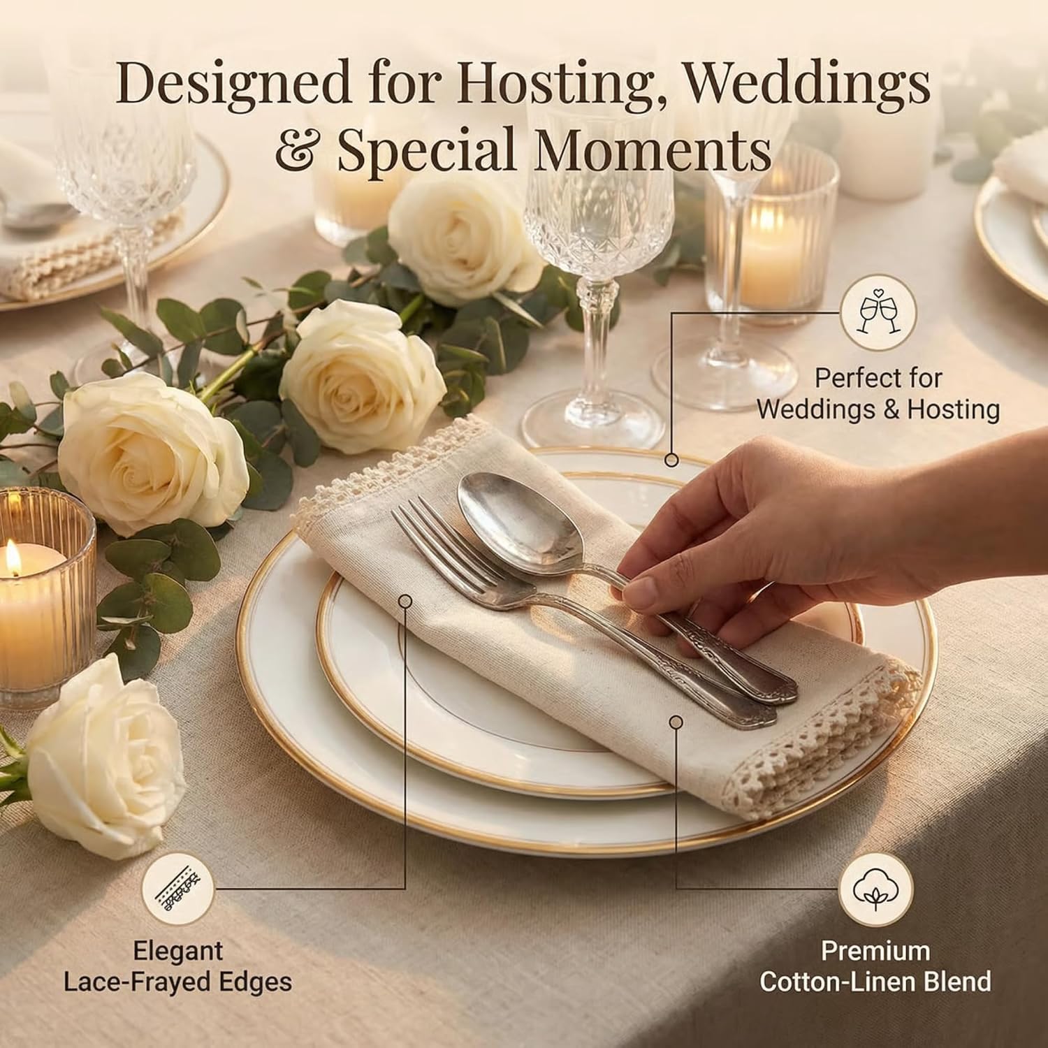 ACCENTHOME Washable Cotton Dinner Lace Napkins Wedding Party Decor | Set of 12 Natural Halloween Thanksgiving Christmas