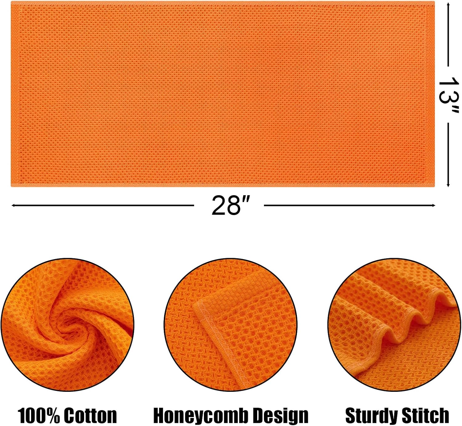 Kitinjoy 100% Cotton Waffle 6-Pack Kitchen Towels, 13" x 28", Orange | Super Soft, Ultra-Absorbent, Fast Drying