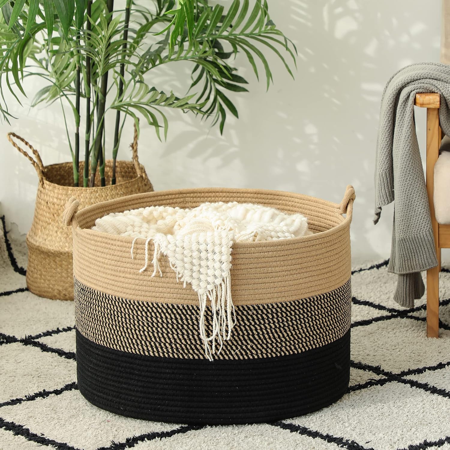 Woven Rope Baskets for storage Baby Laundry Hamper / Black / 20 x 13