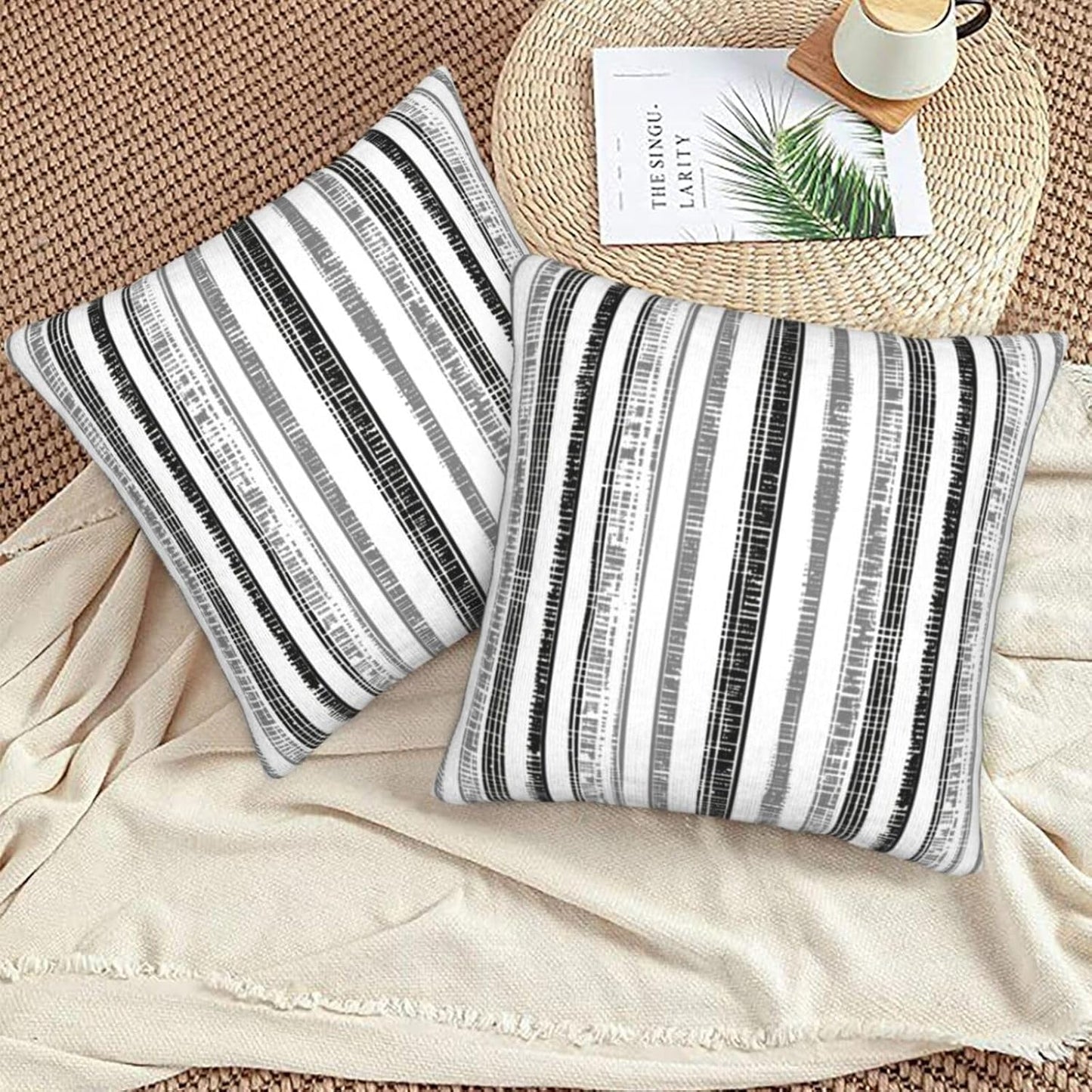 Boho Black White Grey Striped Throw Pillow Covers / 18 x 18 / Boho Black Grey Striped / Set of 2