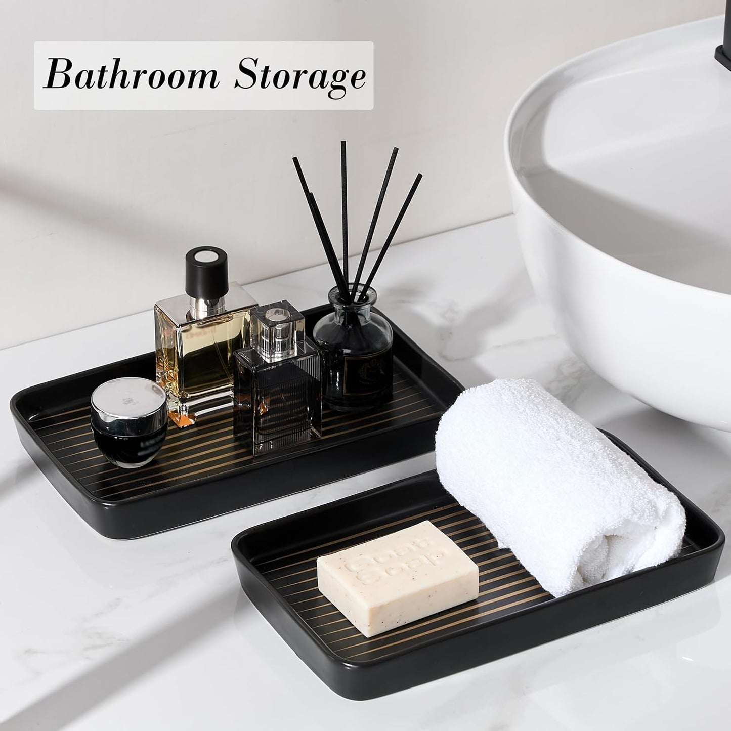 2PC Rectangle Striped Tray / Black Color with Golden Stripes- Large / Set of 2
