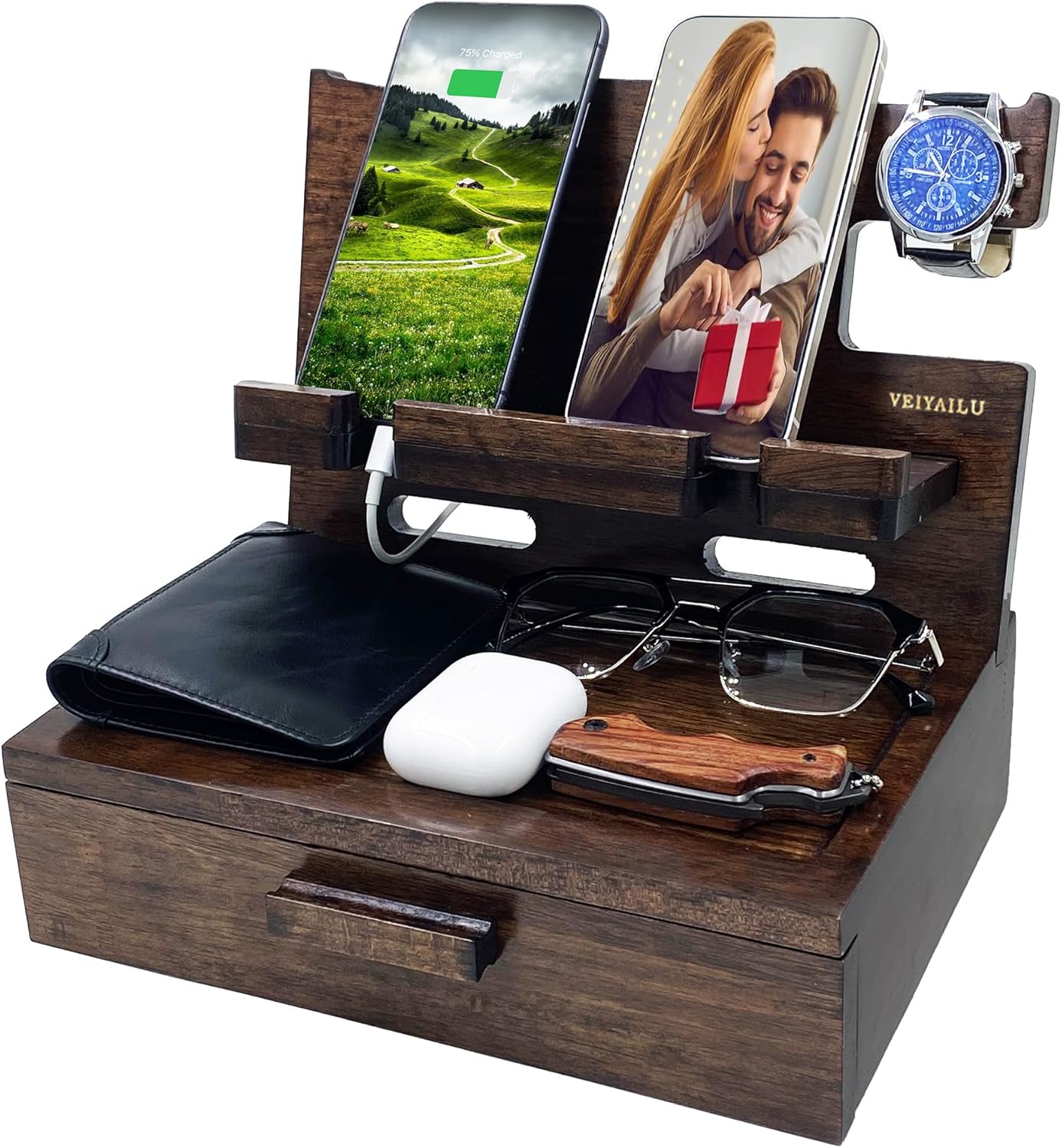 Gifts for Men Women Husband Son Boyfriend Him Nightstand Organizer Wood Phone Docking / Walnut