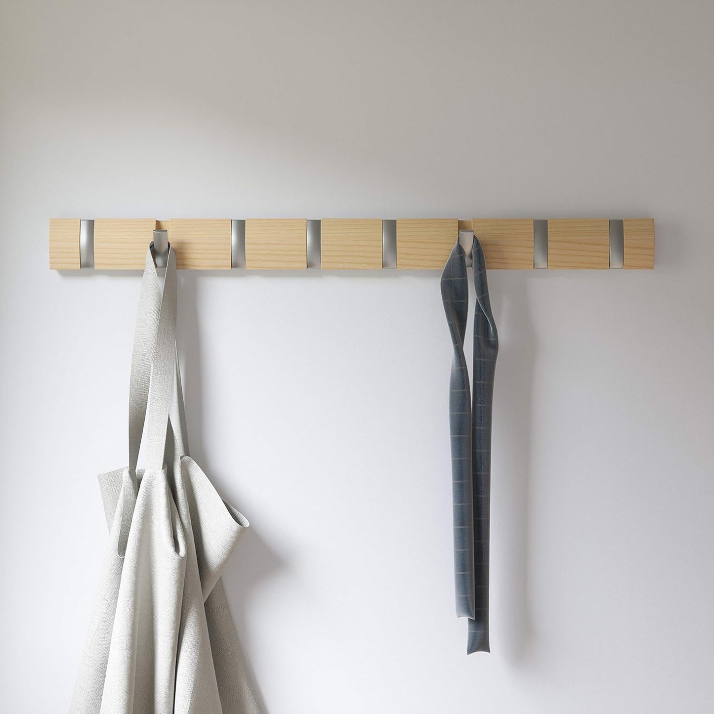 Umbra Flip Coat Rack, Wall Mount 8-Hook, Space Saving, Natural/Nickel | Real wood and steel build, retractable hooks