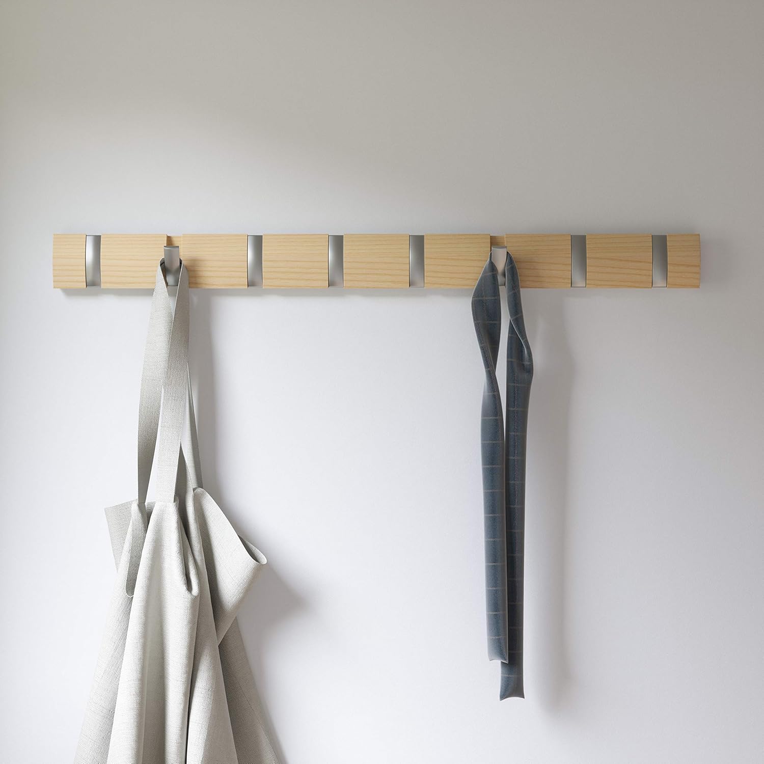 Umbra Flip Coat Rack, Wall Mount 8-Hook, Space Saving, Natural/Nickel | Real wood and steel build, retractable hooks