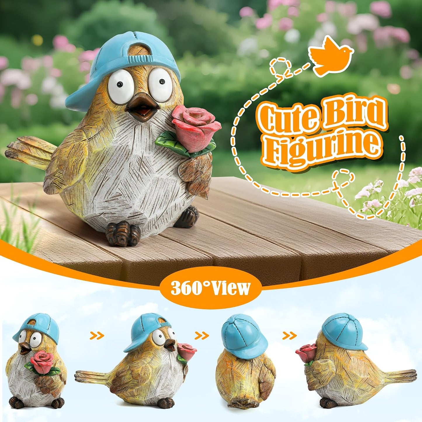 Garden Bird Statue for Decorations Outdoor Animal Figurines Little Bird Holding Flowers Sculpture