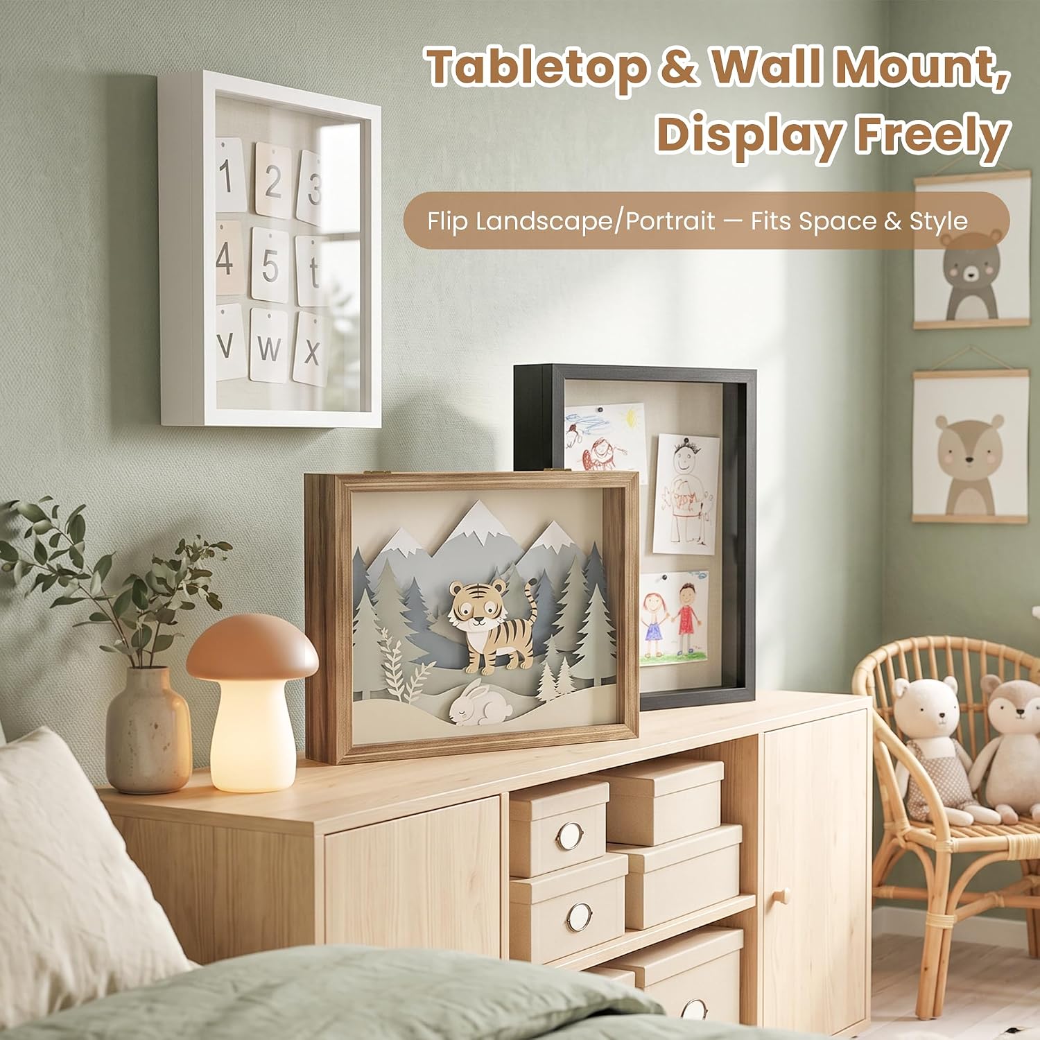 Love-KANKEI Deep Large Shadow Box 13x16.5,Solid Wood Frame,Carbonized Black | Front-Opening Glass Magnetic Door,Linen