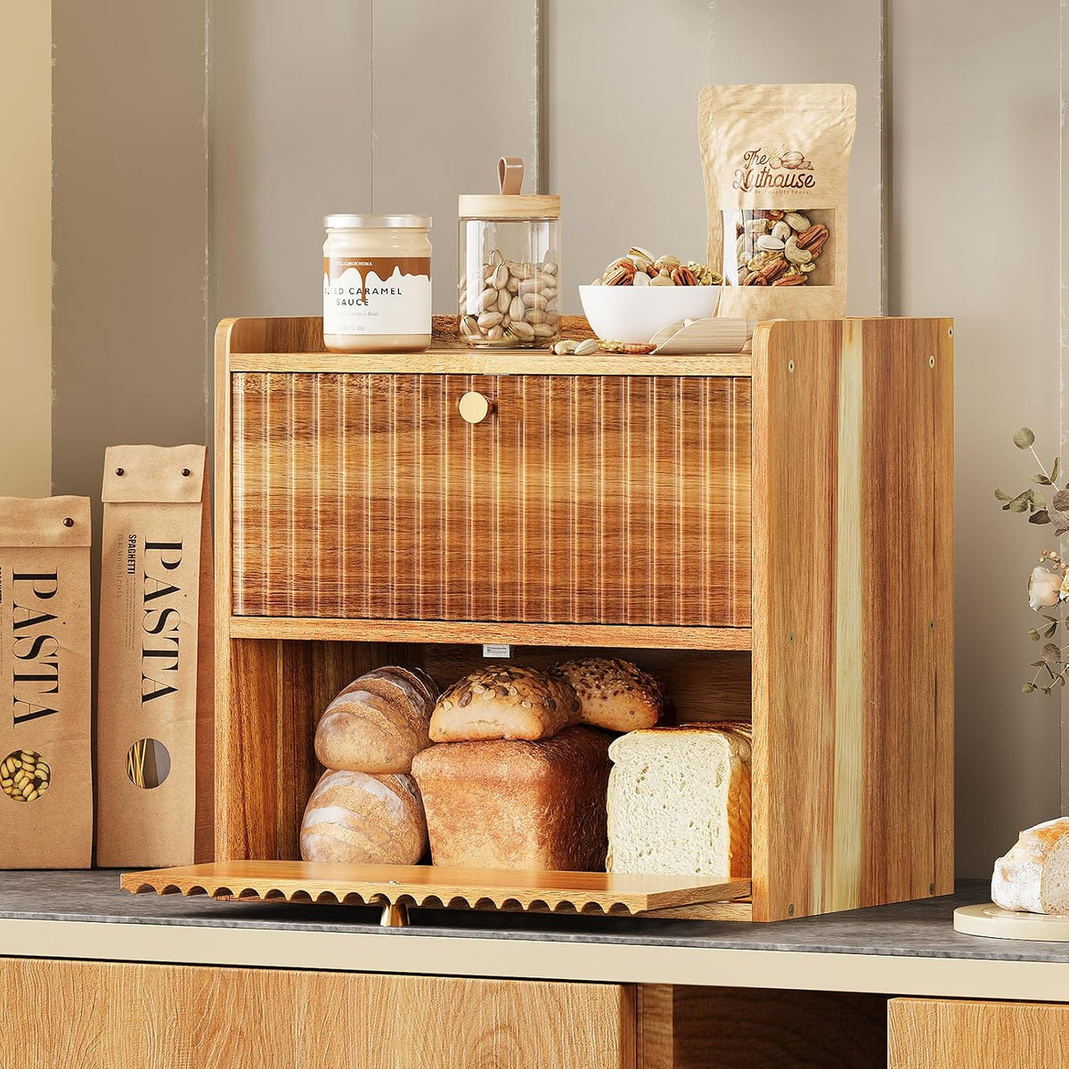 Trironsun Acacia Bread Box for Kitchen Countertop Wood Bread Storage Container Bin Double Layer BreadBox Farmhouse
