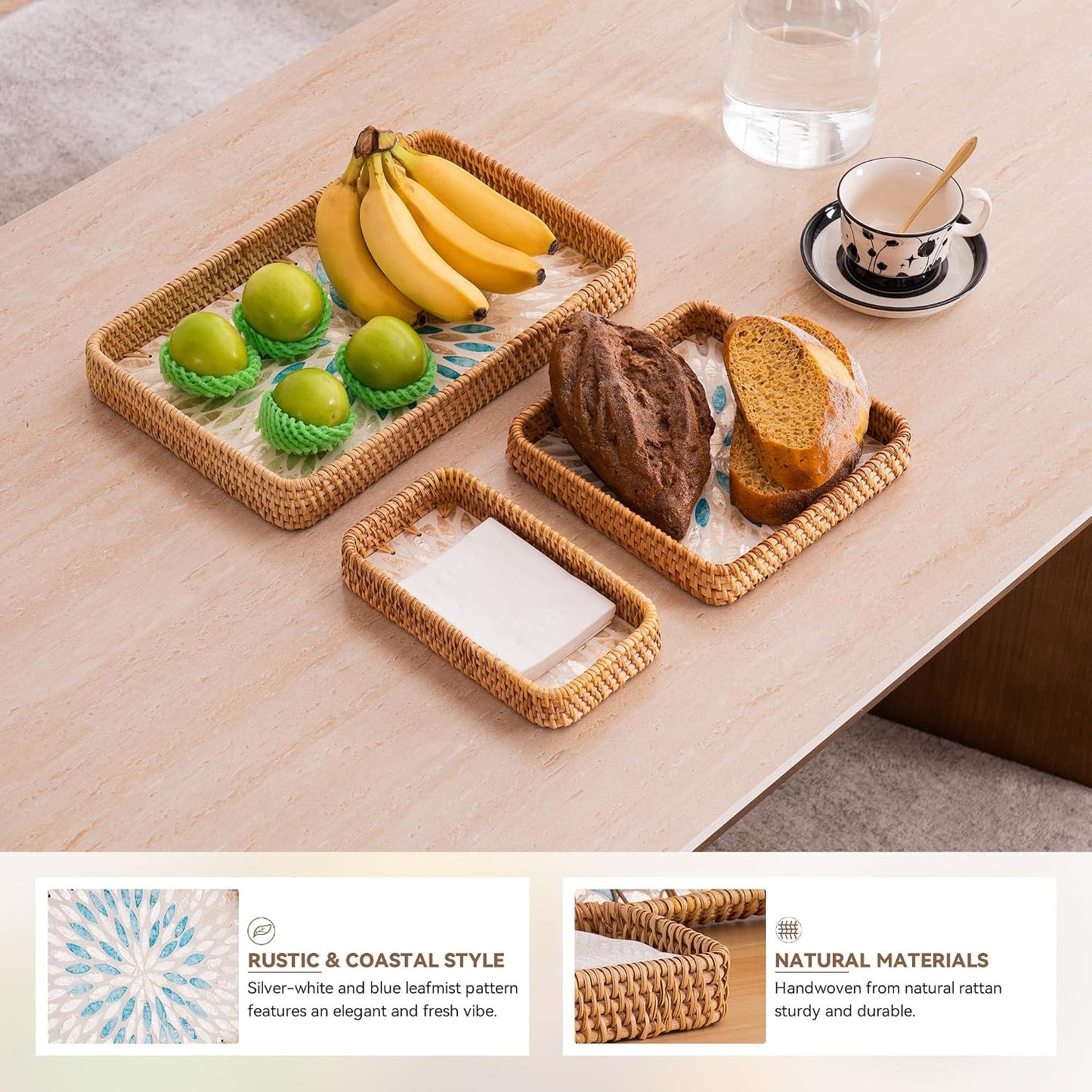 Rattan Tray / Decorative Wicker Serving Tray for Bread Fruit Tea / Leaf / Set of 3