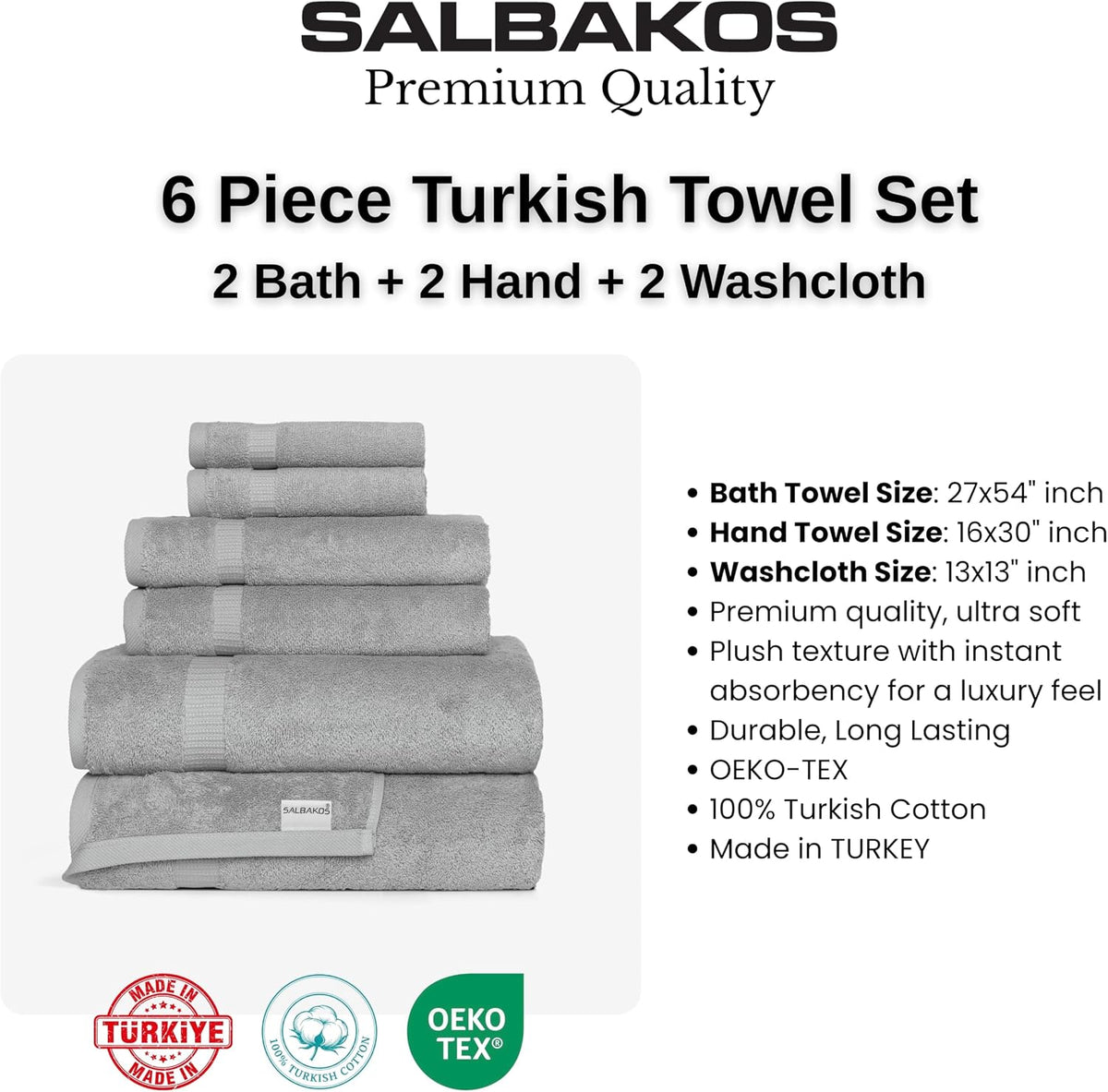 SALBAKOS 100% Turkish Cotton Bathroom Towel Set of 6-Piece, Silver | 630 Gsm Thick Super Soft Highly Absorbent 2 Bath +