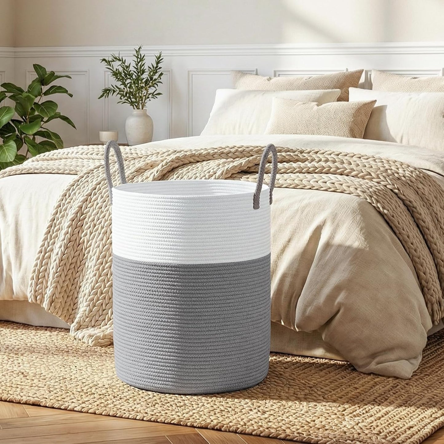 Cotton Rope Woven Basket for Blankets / Grey/white / 60L