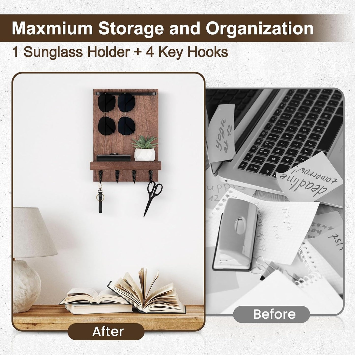 4 Hooks / Key Holder / Brown