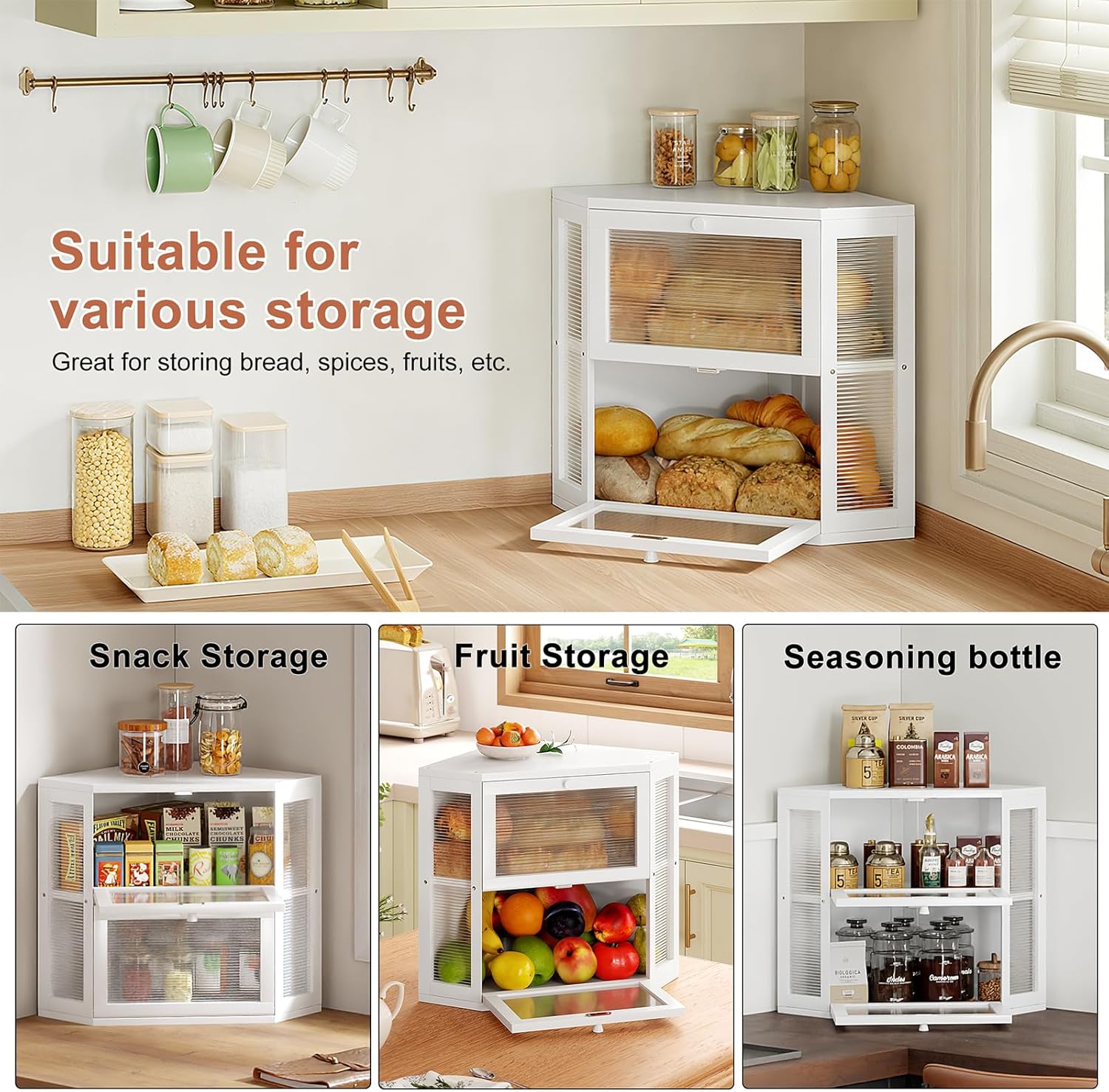 WOWLIVE Double Layer Corner Bread Box for Kitchen Countertop with 2 Doors | Bamboo Bread Storage Container, Large