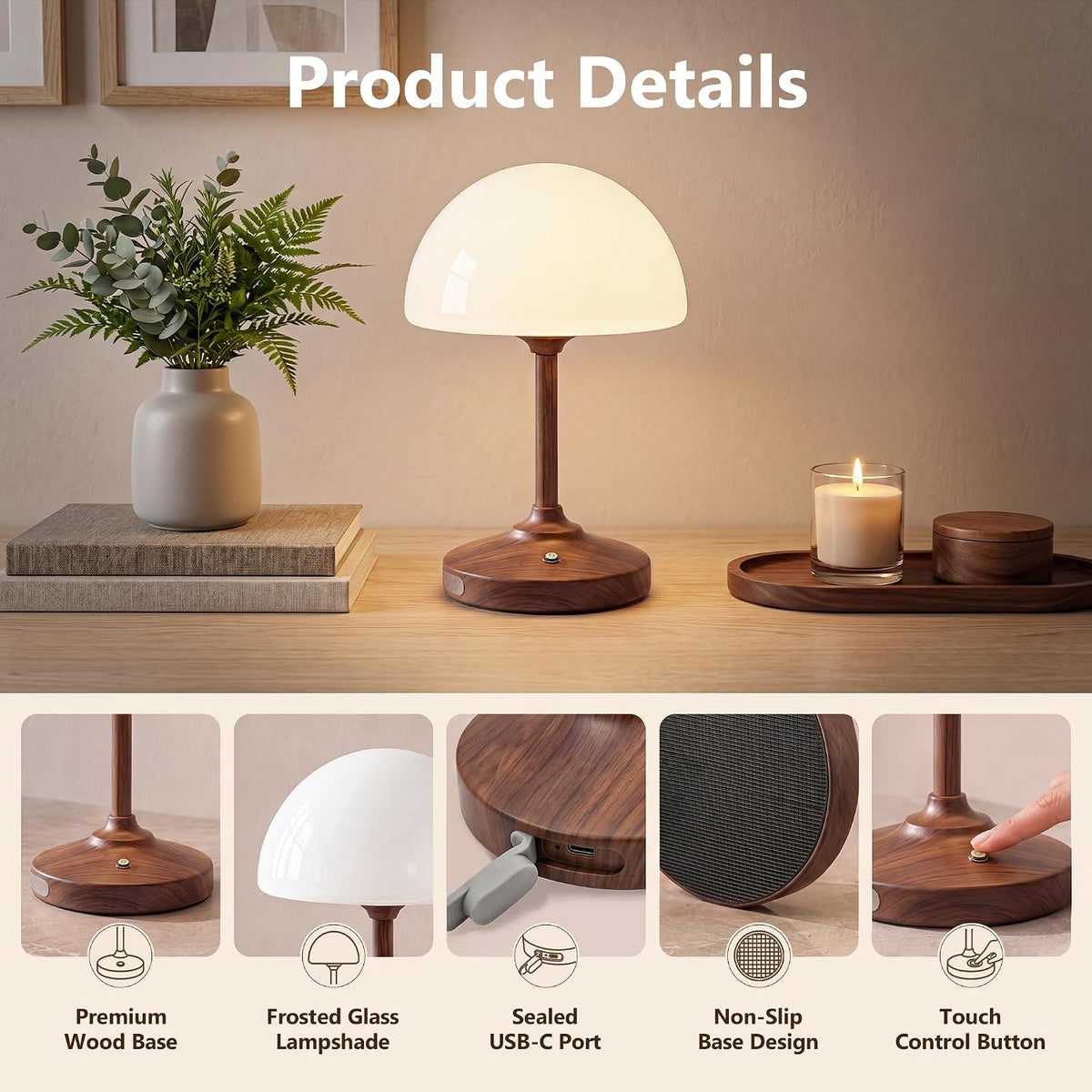 Table Lamp Cordless Lamp,5000mAh Rechargeble Battery Operated Lamp | 11.02" Small Bedside Desk Lamps for Living Room