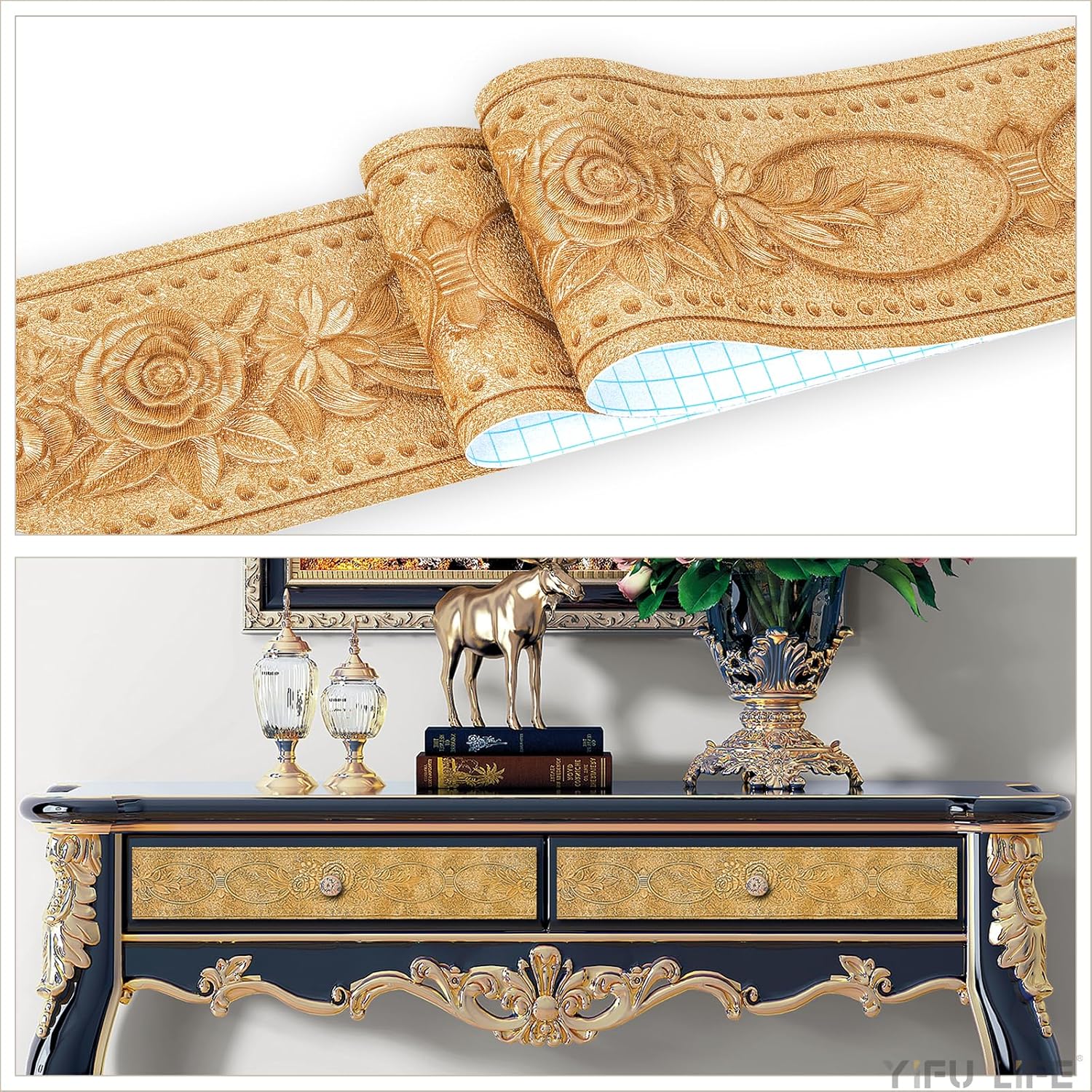 Wallpaper Border 3D Elegant Royal Peony Flower Peel and Stick Wall Border / Rose Golden / Gold