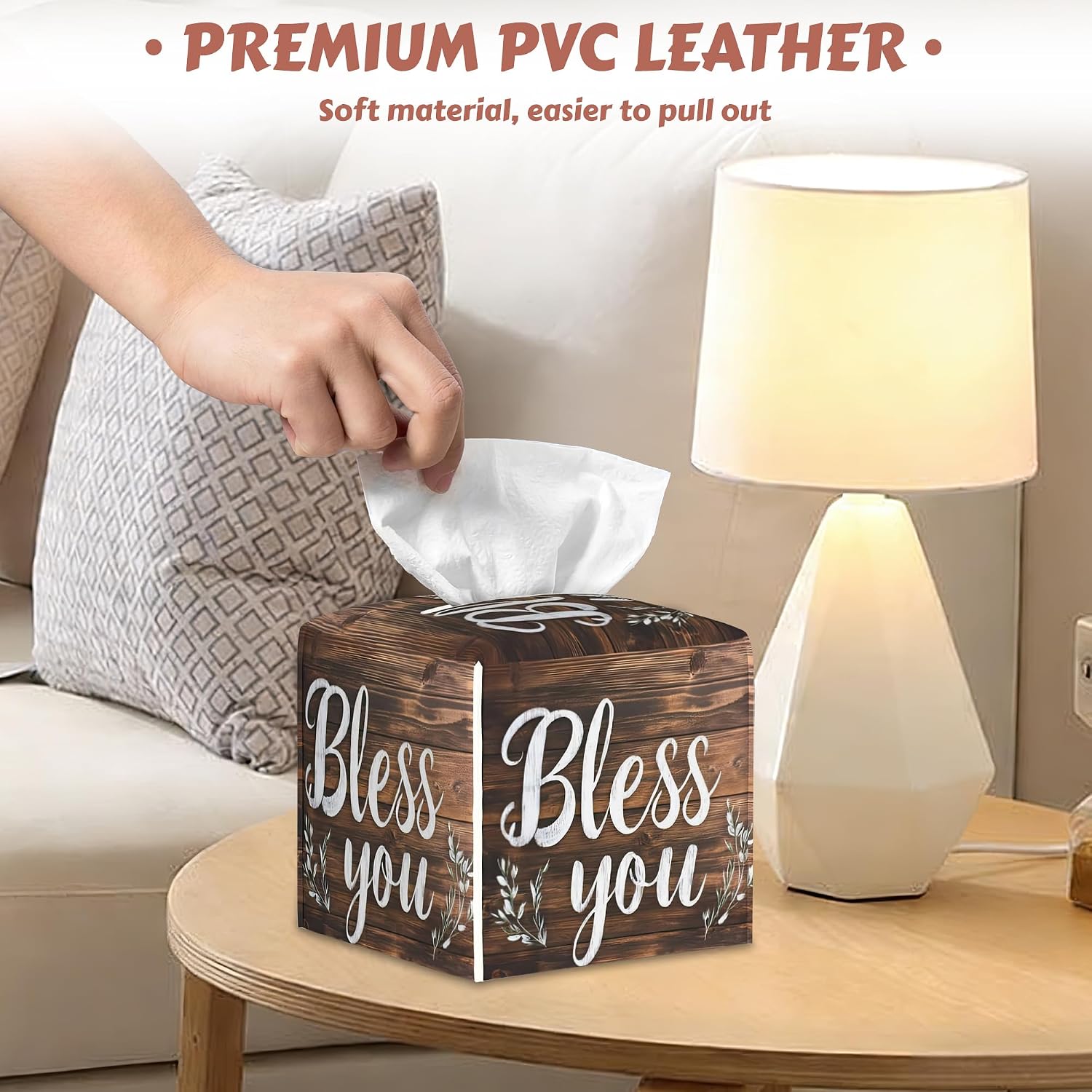 Tissue Box Holder Leather Facial Paper Case Modern Home Decoration / Bless You Wood Grain