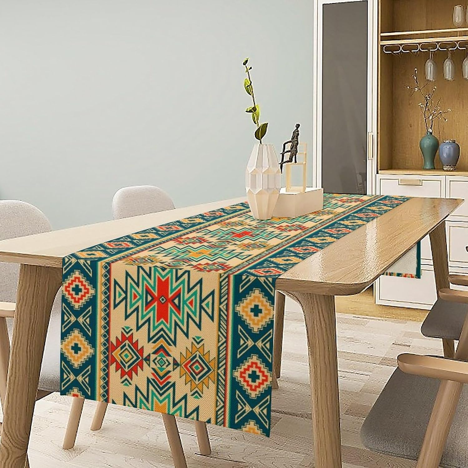 Aztec Southwest Table Runner,Ethnic Style Design Boho Geometric Pattern Printed Linen Table Runner for Home Kitchen