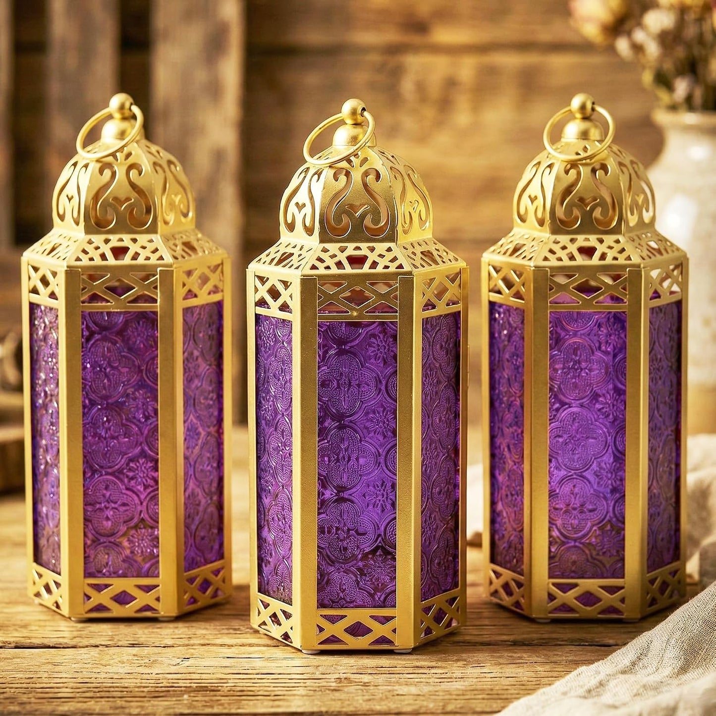 Vela Lanterns Decorative Indoor Candle Holder, Gold Purple, M, 3-PK | Ramadan Lanterns for Home, Purple Whimsigoth