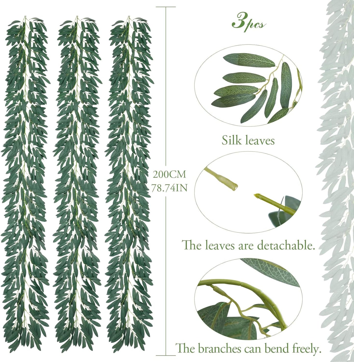 Realistic Silk Fake Hanging Olive Leaves Greenery Garland / Olive Green / 6.5 Inch / Set of 3