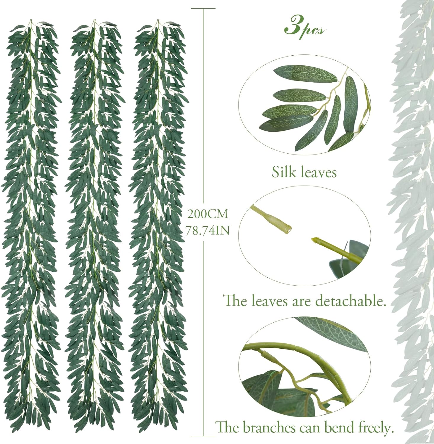 Realistic Silk Fake Hanging Olive Leaves Greenery Garland / Olive Green / 6.5 Inch / Set of 3