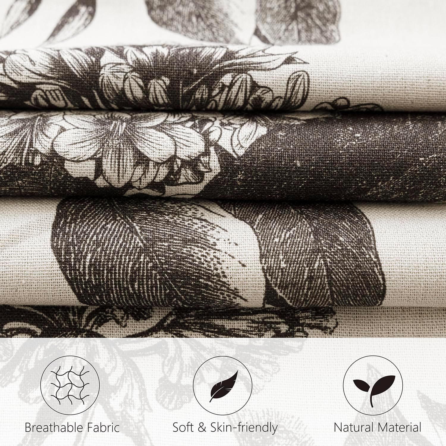 Linen Floral Vintage Throw Pillow Covers Neutral Accent Print / 18 x 18 / Black / Set of 2