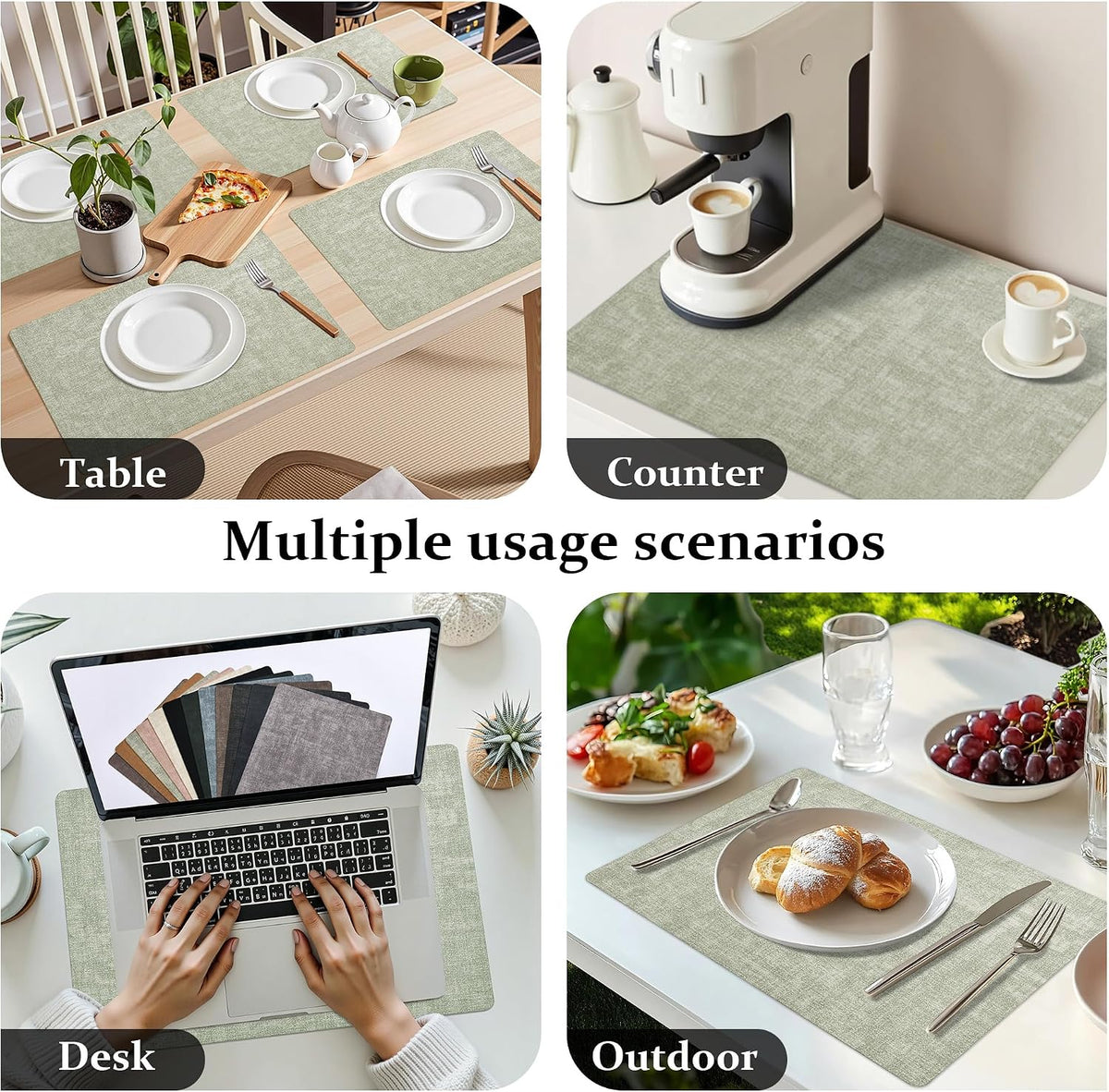 FROMHEART Faux Leather PU Placemats Set of 12 (Light Green,11.8" x 17") | Waterproof,Heat/Oil Stain-Resistant Table