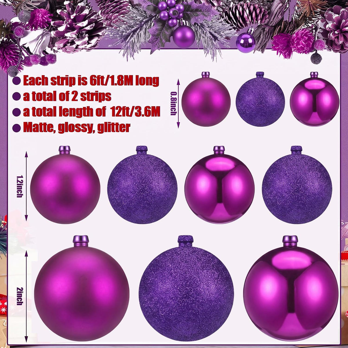 2 Pcs 6 ft Christmas Ball Ornament Garland, Dark Purple | Bauble Bulb Christmas Tree Ball Decoration Shatterproof