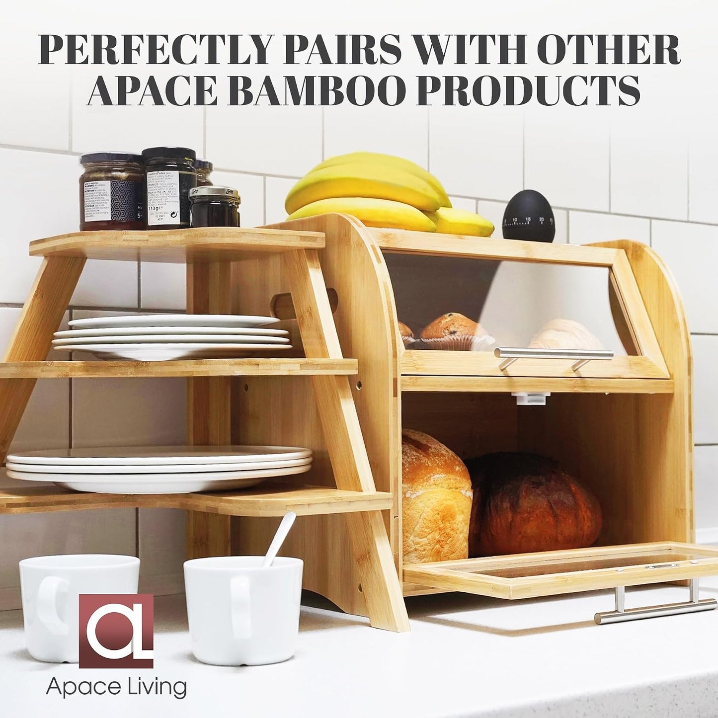 Arise Bamboo Wooden Bread Box for Kitchen Countertop, Extra Large 2-Shelf | Bread Storage Container with Clear Windows