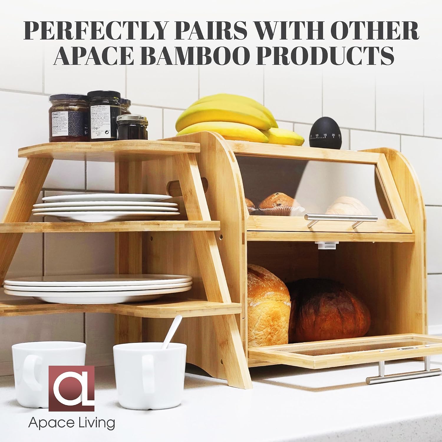 Arise Bamboo Wooden Bread Box for Kitchen Countertop, Extra Large 2-Shelf | Bread Storage Container with Clear Windows