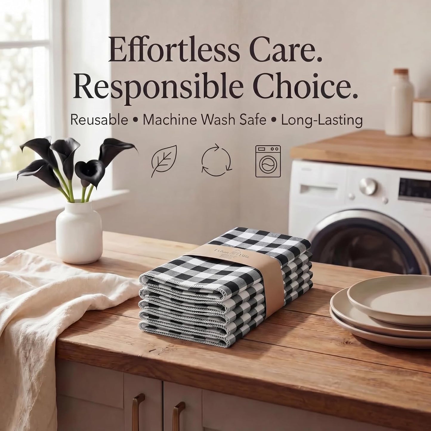 Urban Villa Cloth Napkins Cotton 20x20 (Set of 12) Black Cheks