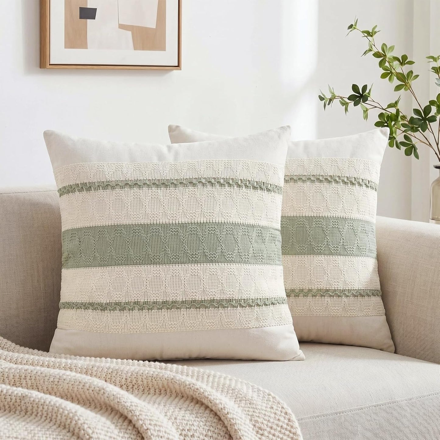 Boho Decorative Throw Pillow Covers / 18 x 18 / Sage Green / Set of 2
