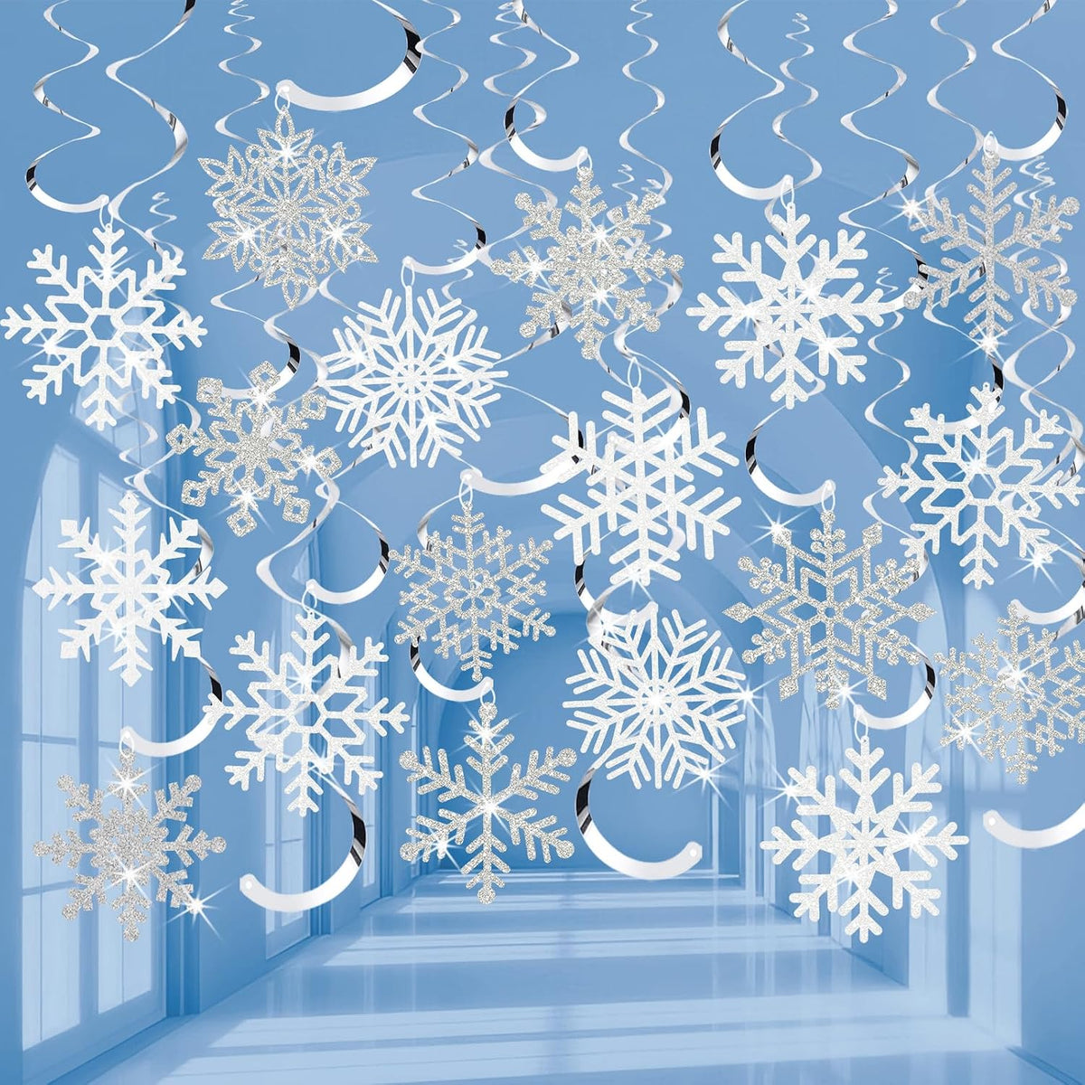 Snowflake Decorations, Christmas Hanging Decor, White Silver, 48-Pc