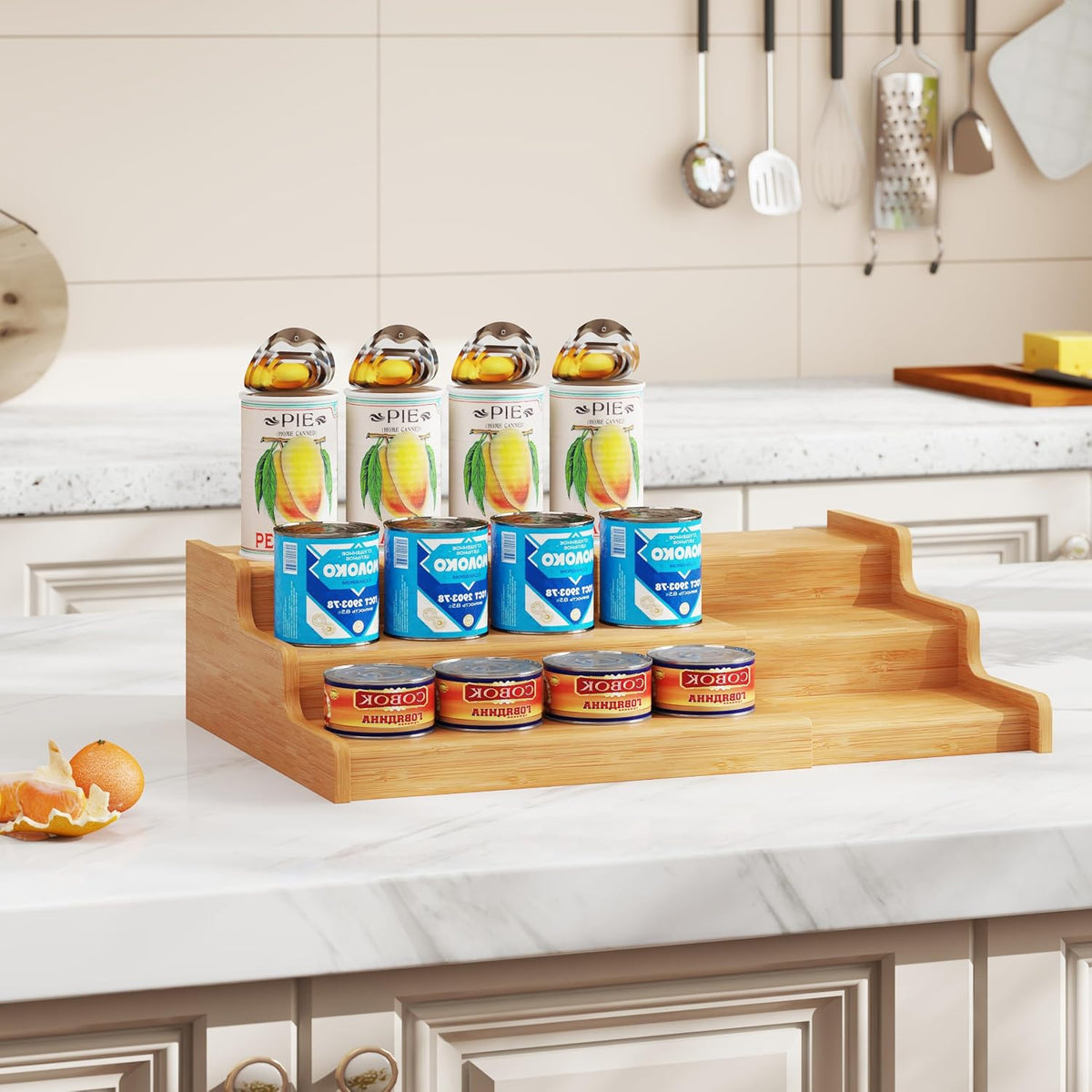 Expandable Bamboo Can Rack Organizer for Pantry, 3-Tier Adjustable Can Storage Holder, Soda Organizer Holds Up to 24