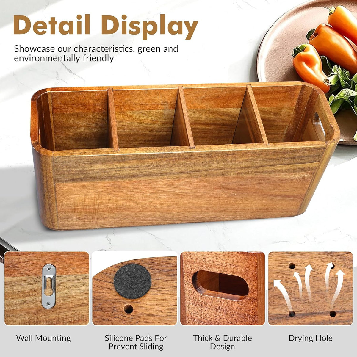 Kitchen Utensil Holder for Counter or Countertop, Extra Large Acacia Wood Organizer with 4 Compartments, Wooden Storage