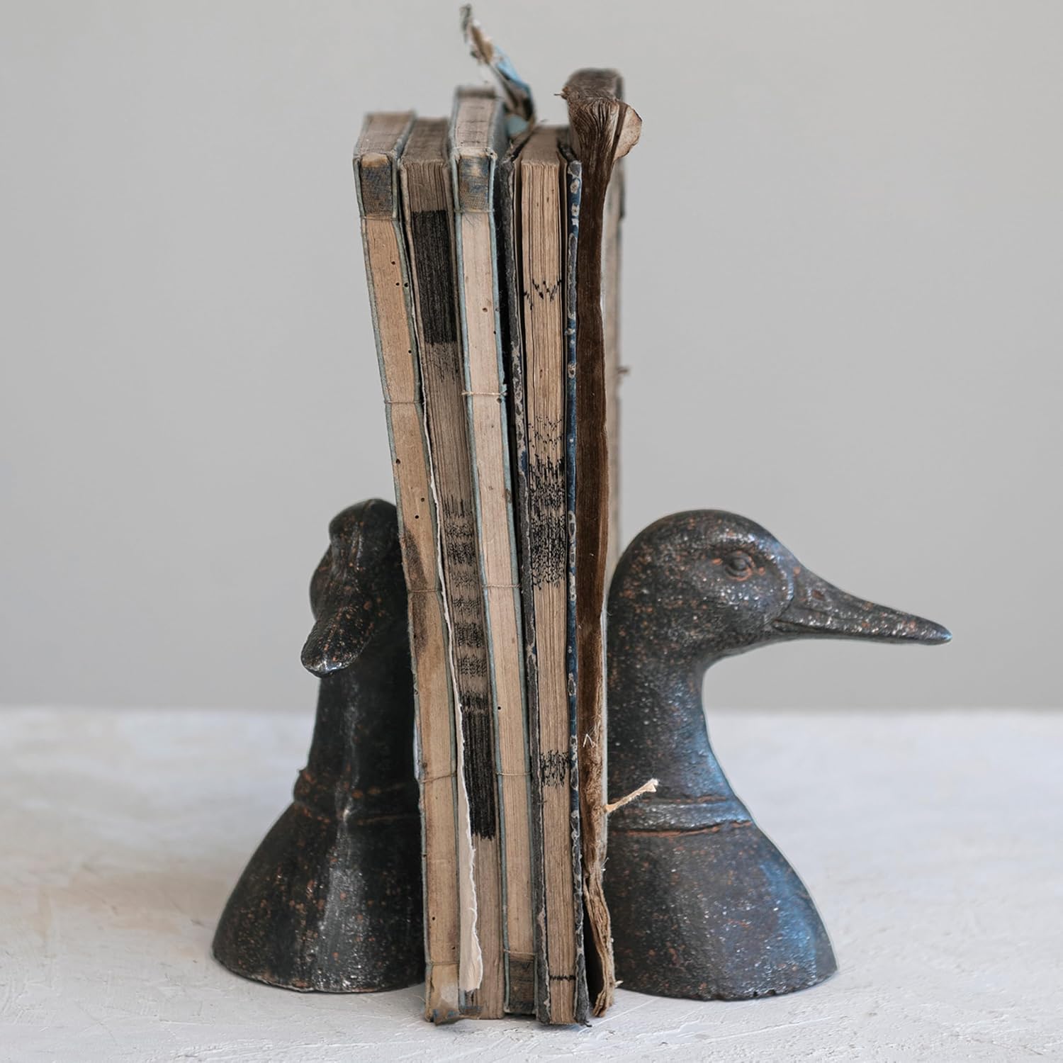 Decorative Distressed Cast Metal Duck Head Bookends / Black / Set of 2