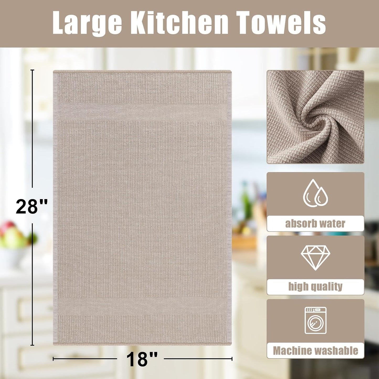 Homaxy 380 GSM Cotton Premium Kitchen Towels 6 Pack, 18"x 28", Khaki | Flat and Terry Dish Towels, Highly Absorbent Tea