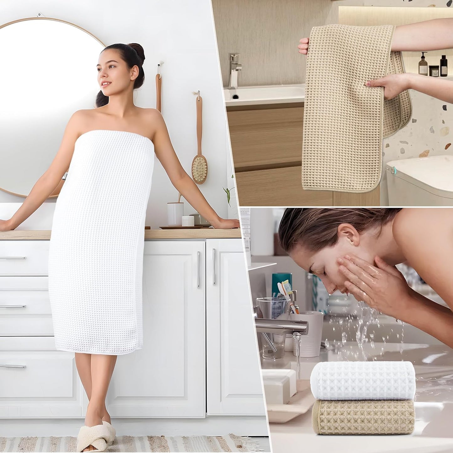POLYTE 430 GSM Poly Blend Microfiber Quick Dry Waffle Bath Towel Set of 6 | 2-Body Towels, 2-Hand Towels, 2-Wash