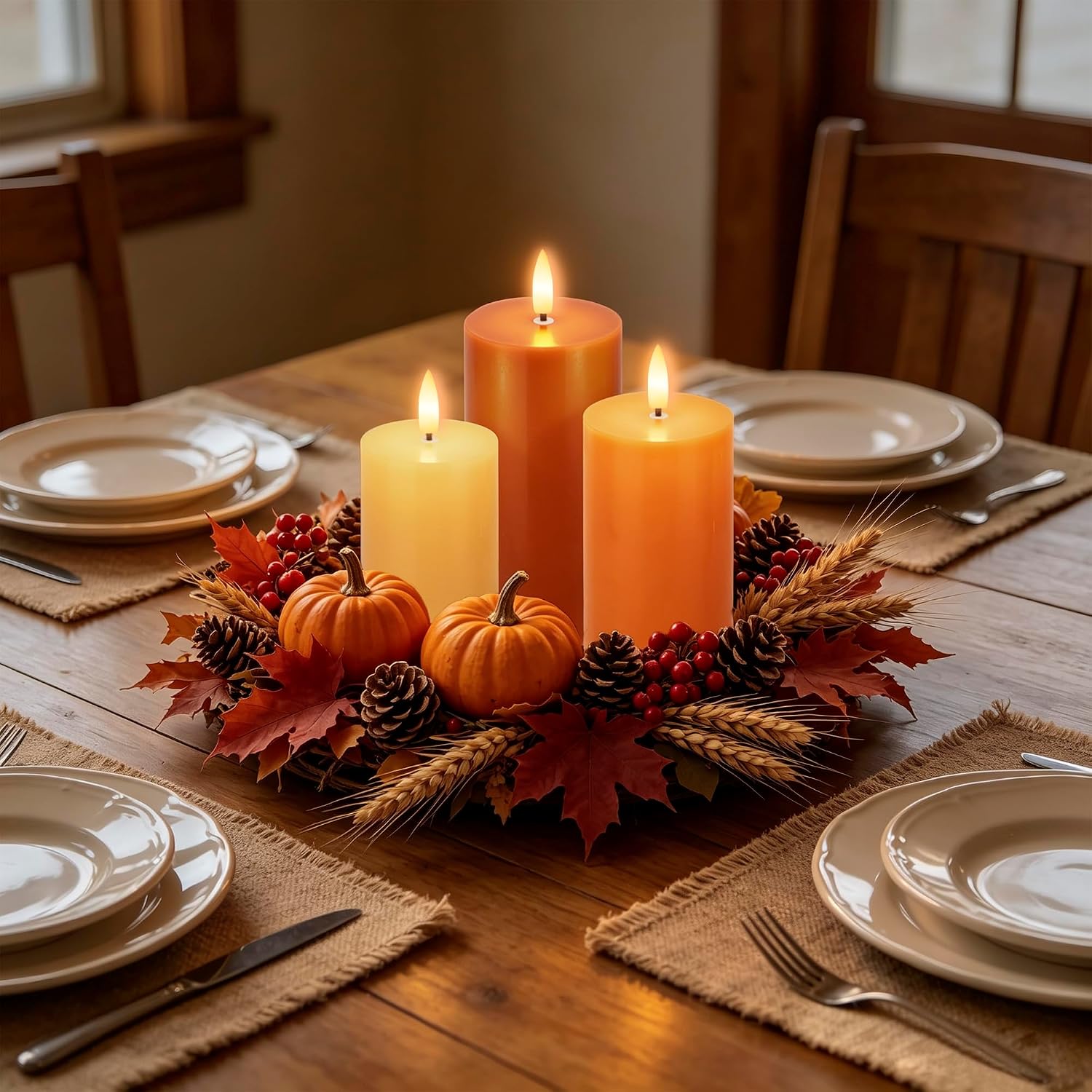 Flameless Candles with Remote, Fall Battery Operated Wax Candles | Flickering Autumn Harvest Pillar Candles, Decorative
