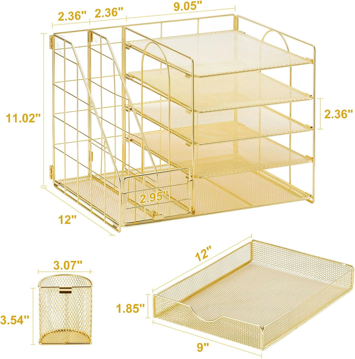 Marbrasse Desk Organizer with File Holder, 5-Tier Paper Letter Tray Organizer with Drawer and 2 Pen Holder, Mesh