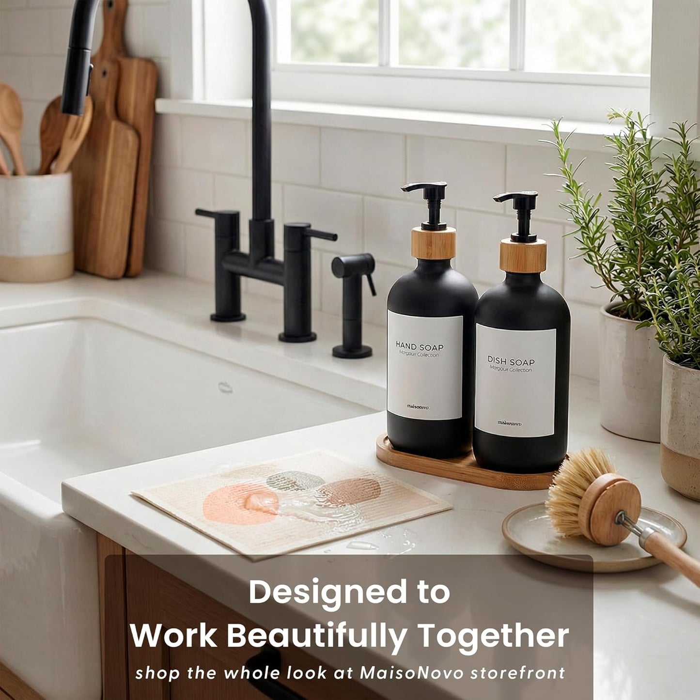 MaisoNovo Glass Dish Soap Dispenser for Kitchen Set of 2-16.9oz Dish and Hand Soap Dispenser Set for Kitchen - Black