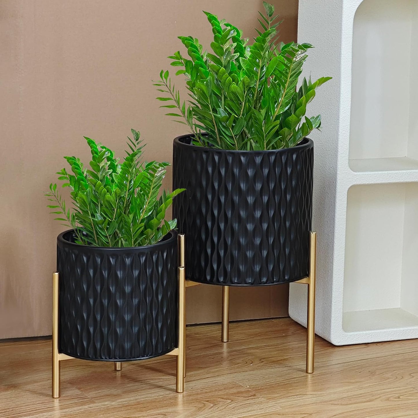 ARNIS Plants Pots with Stand, Set of 2 Planters, Unique Mid Century Decorative Metal Flower Pots with Drainage, 8.25 &