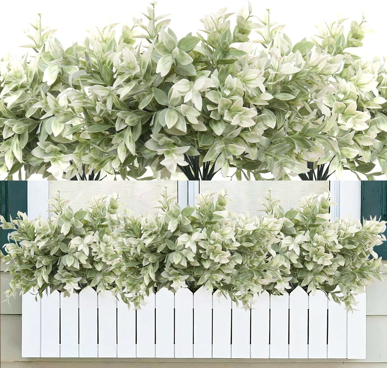 14.5" Fake Lucky Bamboo Leaves Faux Outdoor Plants UV Resistant Plastic Shrubs / White