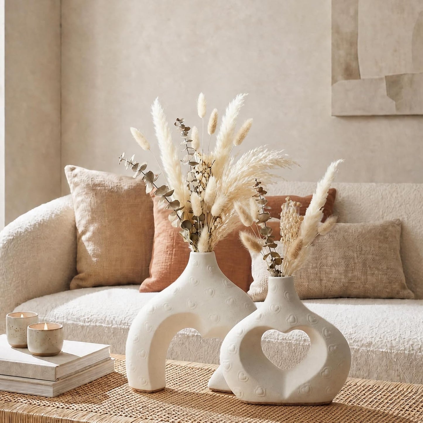 Ceramic Heart Flower Vase Home Decor / Large Cream White / Set of 2