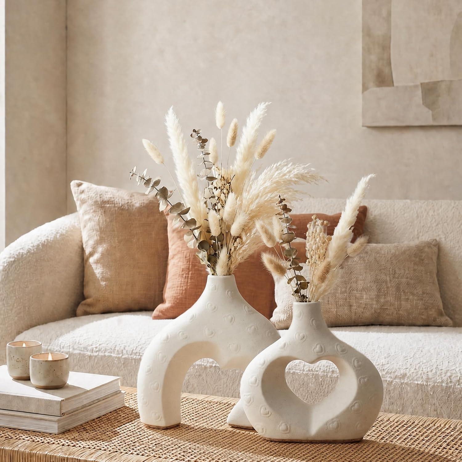Ceramic Heart Flower Vase Home Decor / Large Cream White / Set of 2