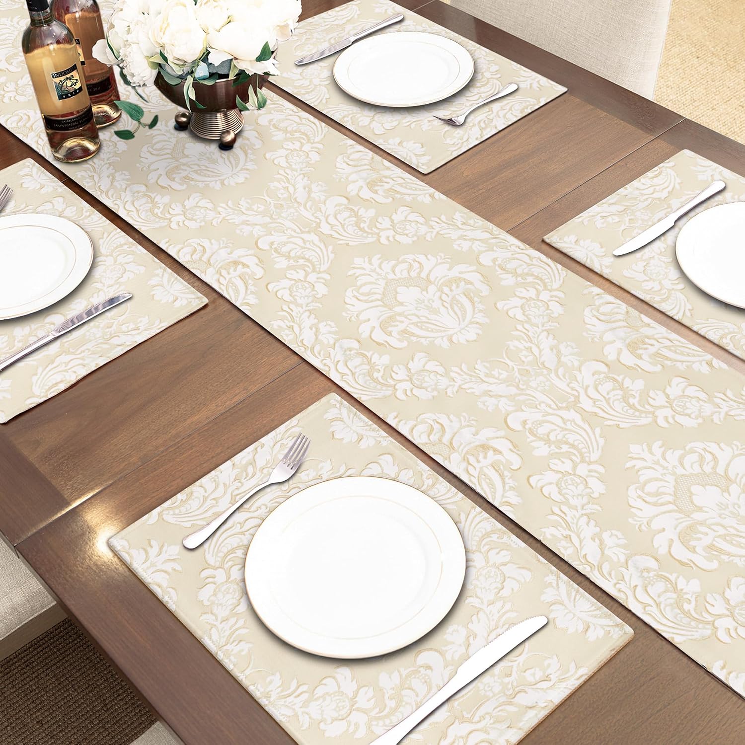 Loom and Mill Elegant Jacquard Table Runner 90 inches Long, Beige+White | Damask Floral Table Runners with Handmade