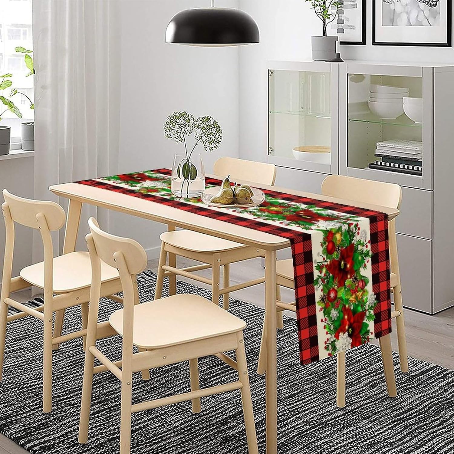 Christmas Linen Table Runner, Red and Black Buffalo Plaid Winter Xmas Holiday Farmhouse Style Patterns Printed Linen