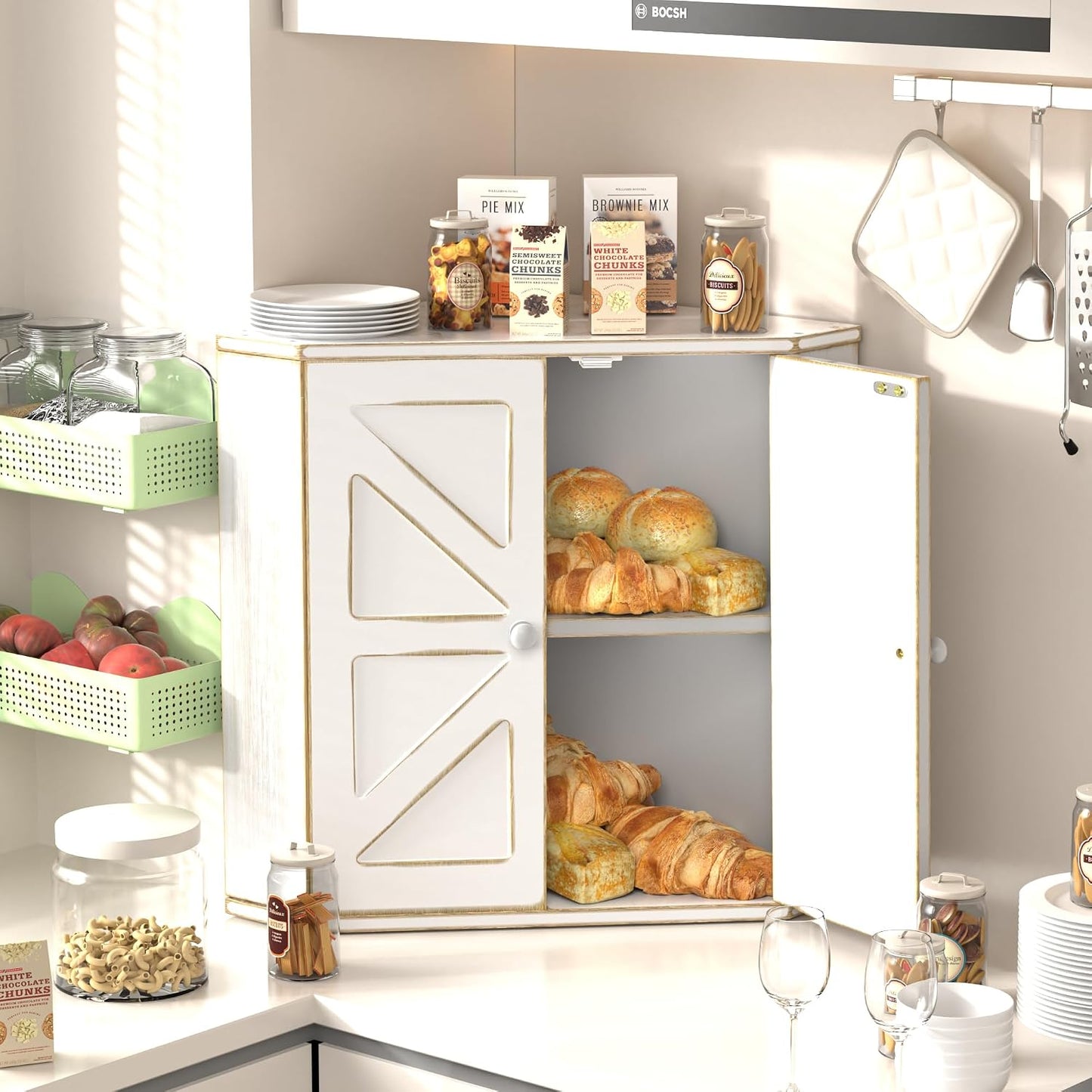Corner Bread Box for Kitchen Countertop, Storage Container for Homemade Bread, Double Layer BreadBox, Large Capacity