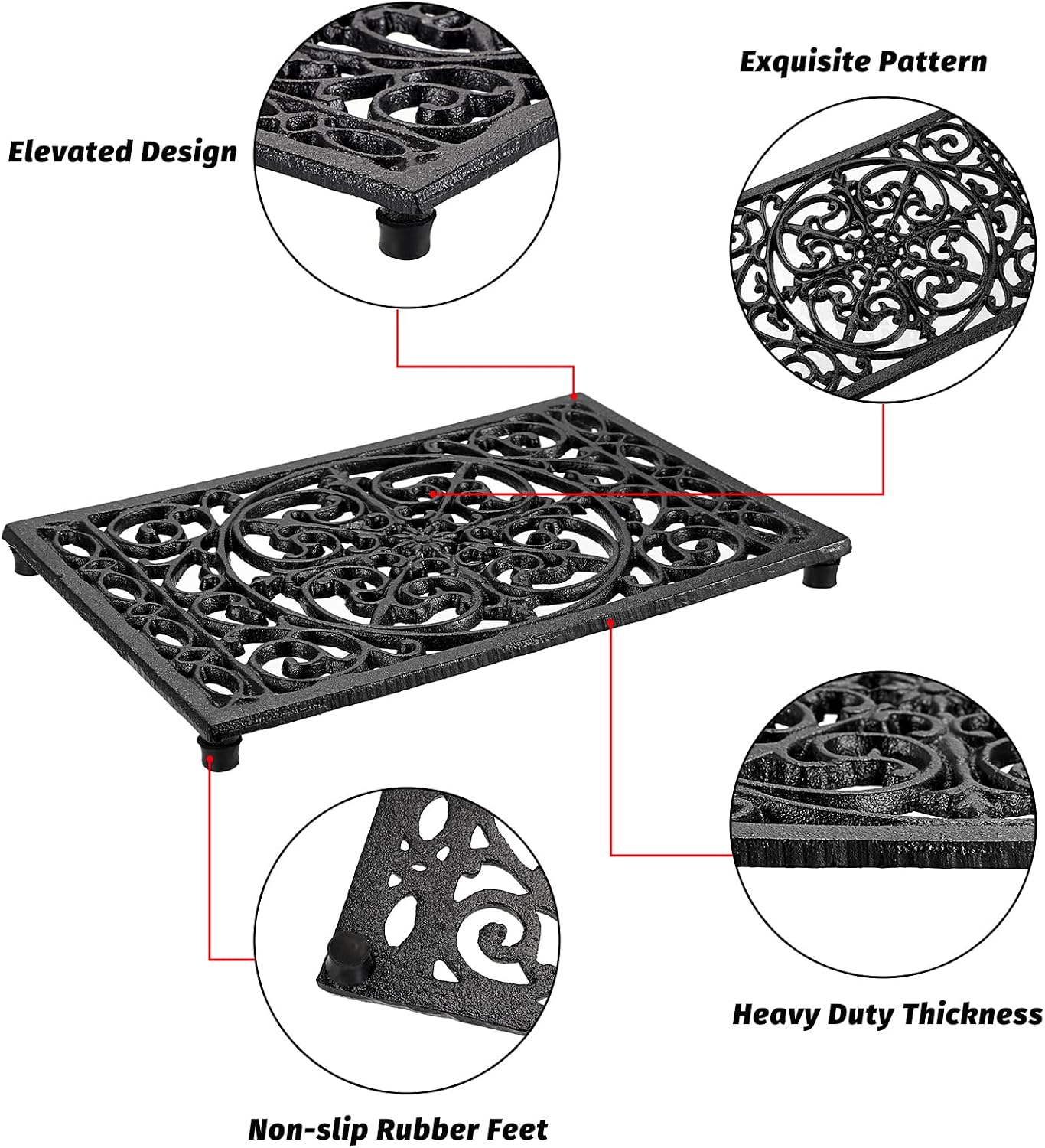 Sumnacon Cast Iron Trivet 2Pcs Heat Resistant Trivets for Hot Pots and Pans | Rustic Metal Trivets with Rubber Feets
