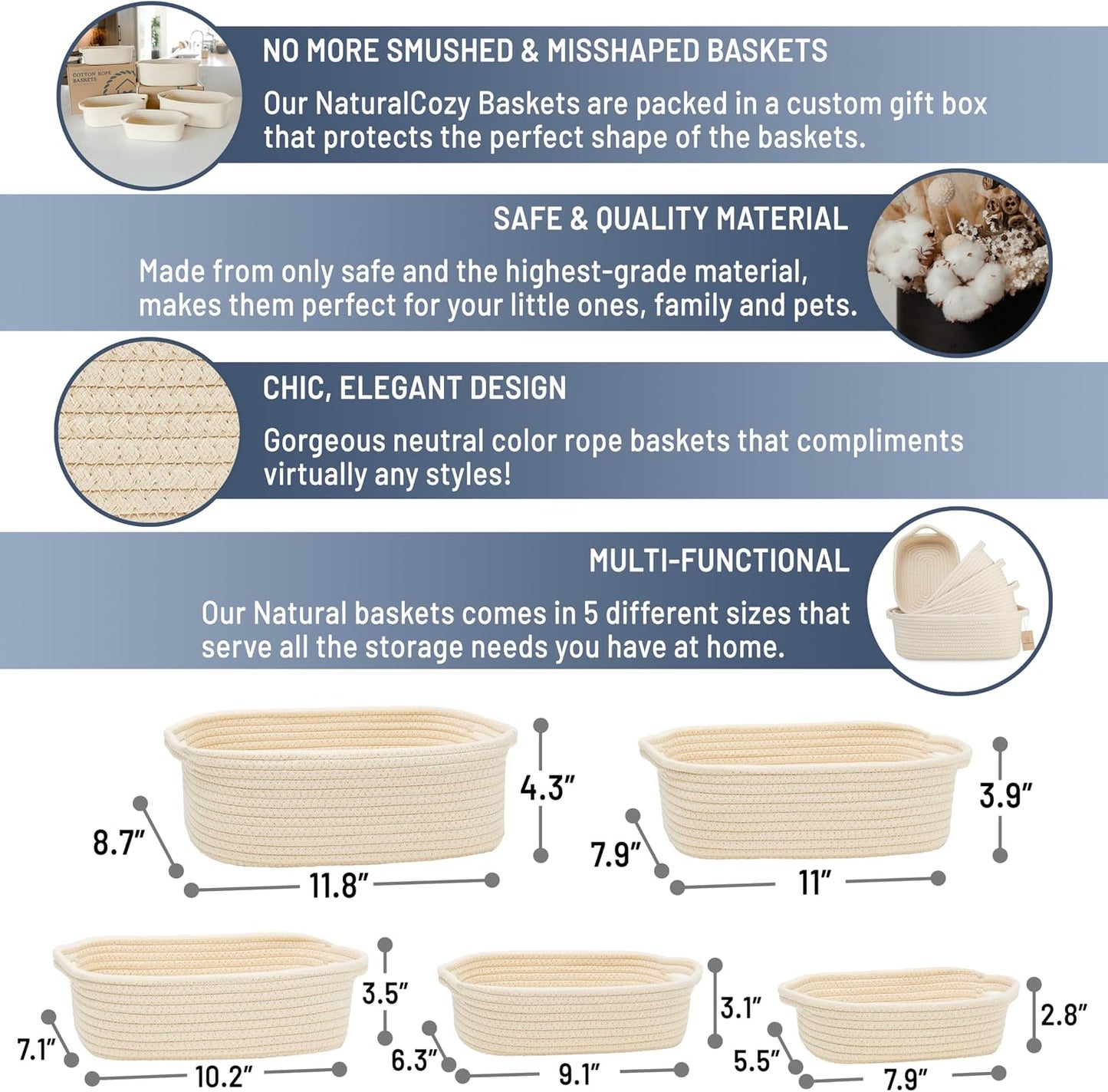 5-Piece Rectangle Storage Basket Set- Natural Cotton Rope Woven Baskets for Organizing! / Beige
