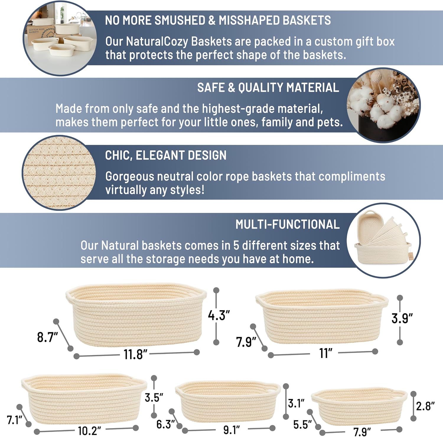 5-Piece Rectangle Storage Basket Set- Natural Cotton Rope Woven Baskets for Organizing! / Beige